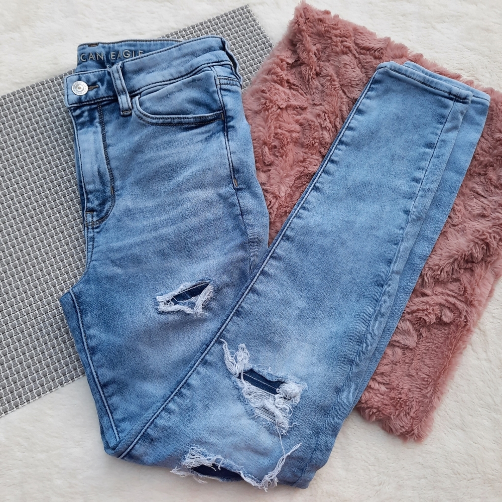 AEO American Eagle Super Hi Rise Jegging Distressed Holes Skinny Jeans 4